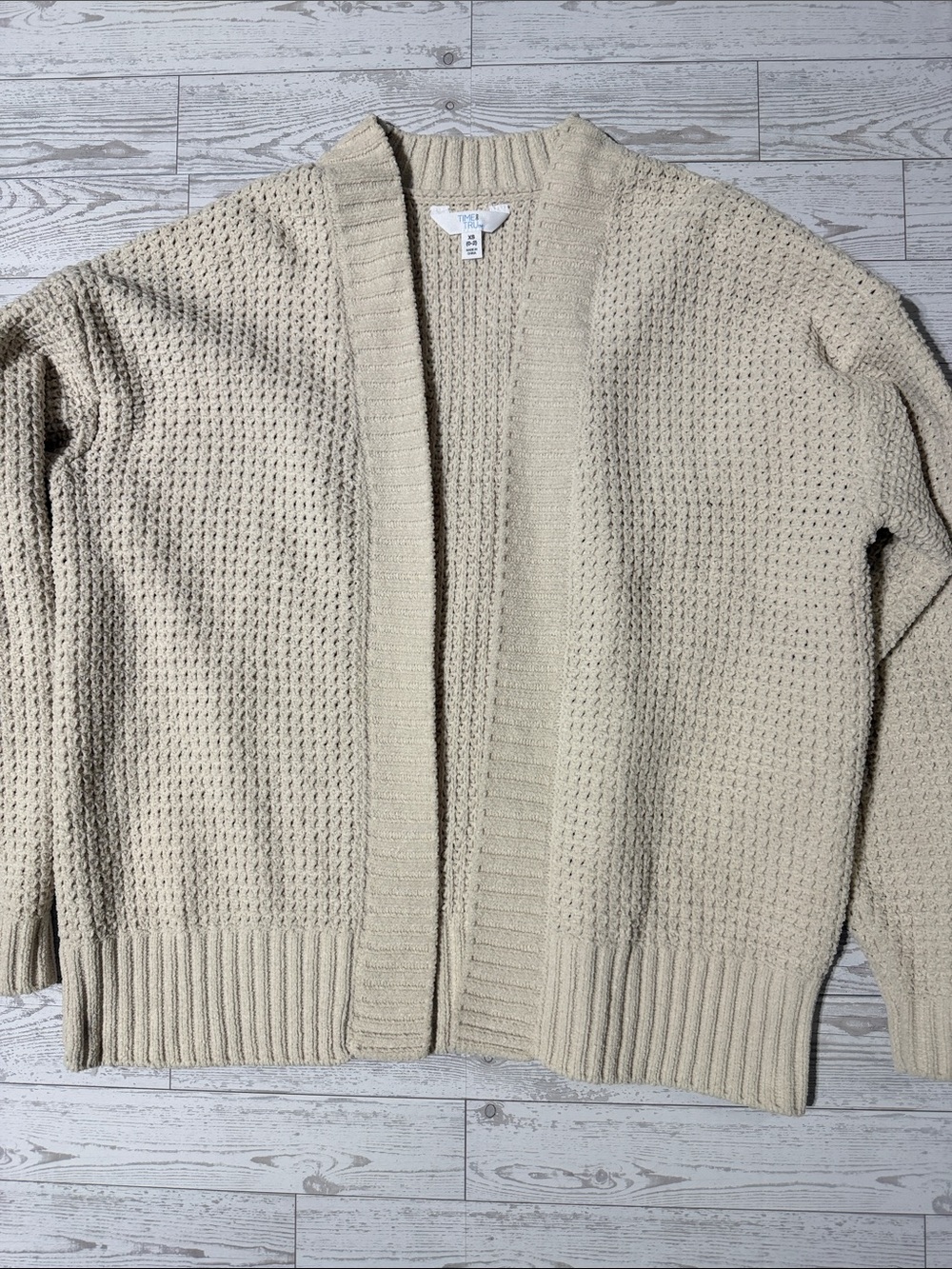 Time and Tru Cream Open-Front Waffle Knit Chunky Cardigan